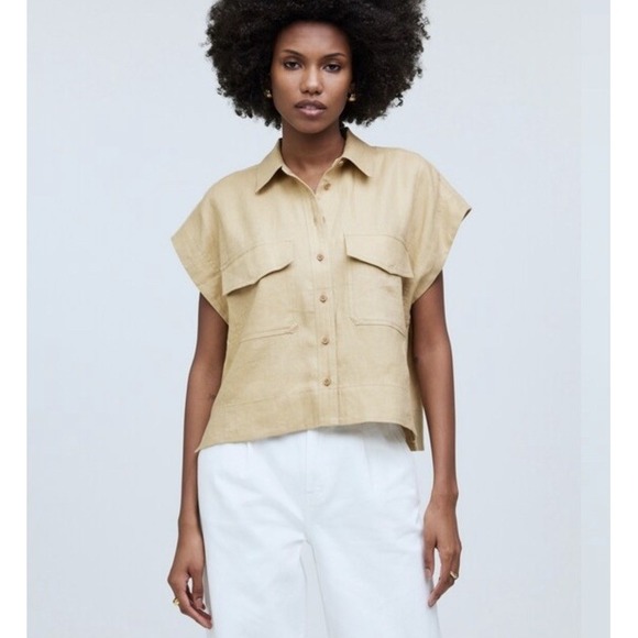Madewell Tops - Madewell Flap-Pocket Button-Up Shirt 100% Linen Desert Dune Cropped Lagenlook M
